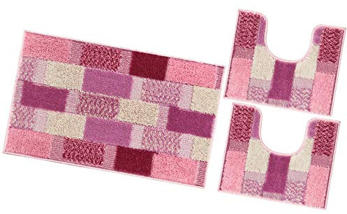 emmevi Tappeto Bagno Parure Morbido Girowater Antiscivolo Assorbente Lavabile MOD.Lilla Set 3 Pezzi Rosa