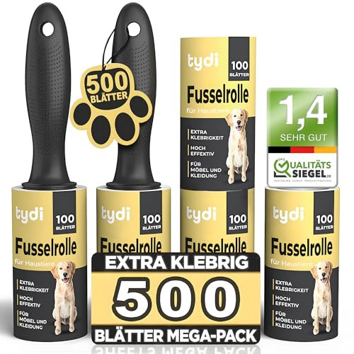Tydi Pet Lint Rollers - 500 Sheets of Lint Roller Refills & 2 Handles - 100 Sheets per Sticky Clothes Roller - Lint Rollers for Pet Hair - Reusable Lint Roller for Clothes - Fluff Remover for Clothes