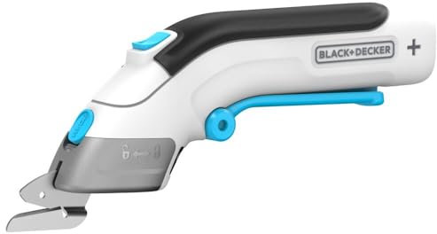Black+Decker 3.6V Akku-Schere BCSC115 (kabellos, für Schnitte in Stoffen, Papier, Karton, Leder und Kunststoff, inklusive 2 austauschbare Klingen, USB-C Ladekabel), Weiß/Blau