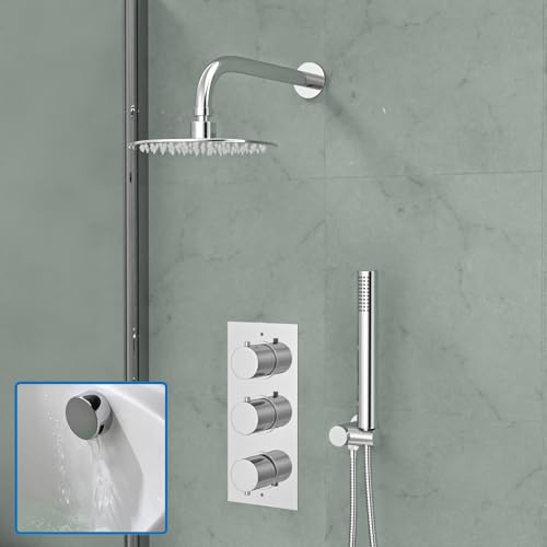 Nes Home Round 3 Way Concealed Thermostatic Shower Mixer Valve, Shower Head, Handset, Bath Filler Set Chrome