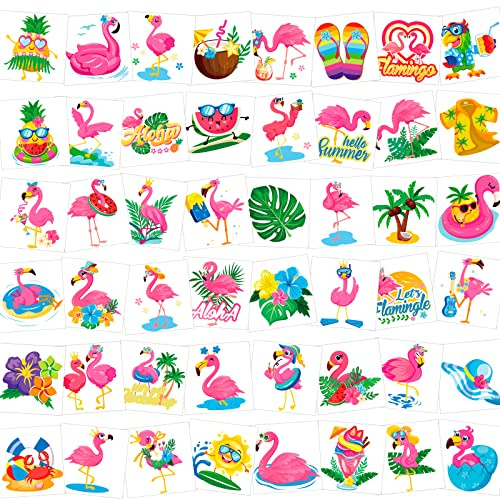 HOWAF 96 Stück Flamingo Temporäre Tattoos Kinder, Hawaii Tattoo Aufkleber Sticker für Party Deko Sommer Hawaiian Party Dekoration Mitgebsel Kindergeburtstag
