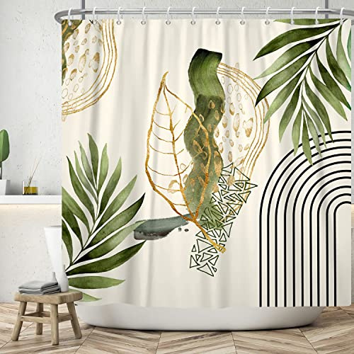 ASDCXZ Boho Blätter Duschvorhang 180x200 cm, Modern Abstrakt Kunst Boho Style Gold Grün Blätter Linie Bad Waschbar Duschvorhänge Polyester Textil Wasserdicht Badevorhang für Badewanne mit 12 Haken