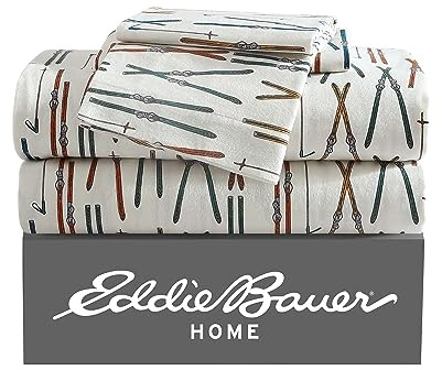 Eddie Bauer - Sábanas de tamaño King, Juego de Cama de Franela de algodón, Cepillado para Mayor suavidad, acogedora decoración para el hogar (Ski Line White, King)