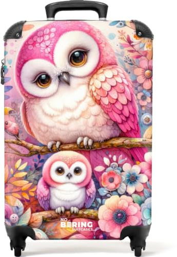 NoBoringSuitcases© Kinderkoffer, Kinderkoffer Mädchen, Koffer Kinder, | 55x40x20 cm - Kinder Reisekoffer, Kindertrolley Mädchen, Handgepäck Koffer, Rollkoffer, Handgepäck (Eulen, Blumen - Rosa)