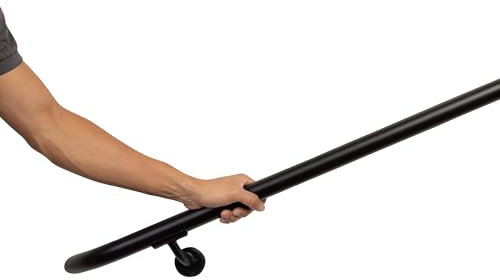 Kit completo di corrimano in alluminio per interni/esterni, elegante forma rotonda con estremità curve. Include supporti a parete, hardware, diametro ergonomico 1-3/8, ritorno ADA (nero testurizzato,