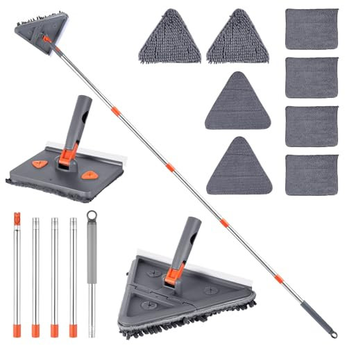 Faankiton Trapeador de Limpieza Triangular, Limpiador de Pared Mopp con Mango Largo, Mopa Limpia Paredes con Rasqueta, Mopa Triangular Giratoria 180º, Mopa para Limpiar Azulejos y Paredes con 8 Paños