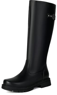 HQINGAXU Mujer Botas Altas Punta Redonda Tacón Grueso Botas De Trabajo Botas De Motero Botas Largas Cuero Montar Cremallera Lateral Hebilla Invierno Tallas Grandes Altas Vestir,Negro,47 EU