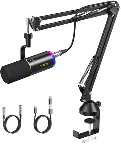 TONOR Micro Gaming USB/XLR avec Bras de Support, RGB Cardioïde Dynamique Microphone en métal pour Streaming, Podcasting, Gaming, Enregistrement Vocal, PC Mic pour Mac Mixer Cartes, TD520S+