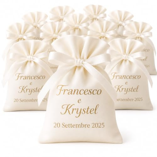 Cormar 24 Sacchetti Bomboniera Matrimonio Personalizzati Bianco – con Nomi Sposi e Data Nozze – Porta Confetti Tessuto Elegante per Ricordi e Regali Invitati