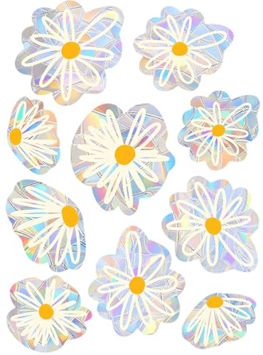 Flomiara 2PCS Anti-Collision Window Stickers, PVC Self-Adhesive White Flower Clings, Rainbow Sticker, White Flower Prism Window Suncatcher Stickers, Prevent Birds People from Hitting Glass