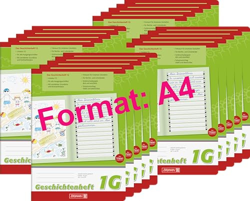 BRUNNEN Geschichtenheft | A4, Lineatur 1G, 16 Blatt, grün 20er Pack - Wahlweise mit passenden Heftumschlägen