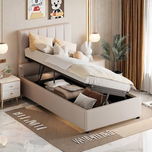 Lietre Letto Singolo 90 x 200 Imbottito con Contenitore, Letto Imbottito Bambini con Idraulico Contenitore e Testata, Letto Singolo per Adulti e Ragazzi, Senza Materasso,lino