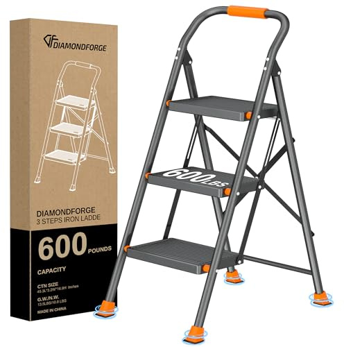Step Ladder Foldable Folding Stool - for Home Adults Kitchen 3 Stepping Extension Tall Heavy Duty with Handrails - Closet Stepstool Stair Ladders Extendable Stepladder for Indoor House 600Lbs