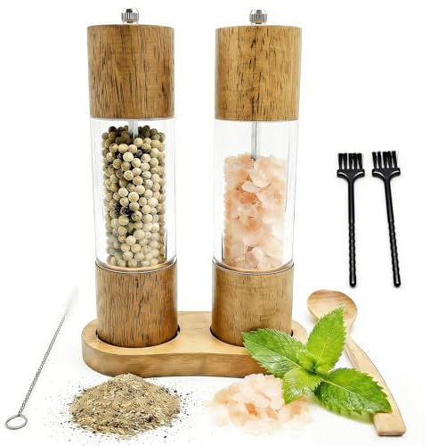 Forusom Acacia Wood & Acrylic Salt and Pepper Grinder Set, 8 Inch Adjustable Ceramic Core Mills, 2Pcs Premium Manual Spice Grinders for Gourmet Kitchens, Pepper Mill Set