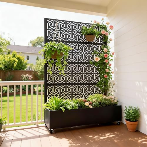 Ultym Metal Planter Box with Trellis 73x47x16, Galvanized Steel Raised Garden Bed with Privacy Screen, Lockable Casters, Planter with Drainage Holes for Outdoor Climbing Plants, Vegetables, Patio