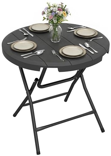 Outsunny Tavolo da Giardino Rotondo Pieghevole, Tavolino da Pranzo per 4 Persone per Terrazzo e Balcone, in Acciaio e Plastica HDPE, Ø80x73 cm, Grigio Scuro