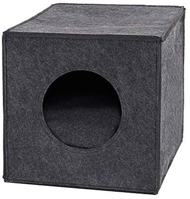 lionto Katzenhöhle aus stabilem Filz passend für Kallax Regale & andere Regalsysteme, 33x37x33 cm, Katzenbett faltbar in Würfelform freistehend, pflegeleicht, mit gemütlichem Liegekissen, dunkelgrau