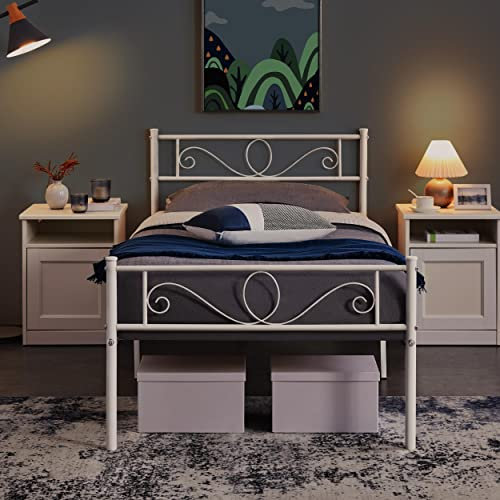 Yaheetech 3ft Single Bed Frame, Metal Platform Bed with Scroll Design Headboard and Footboard, Underbed Storage Space, White
