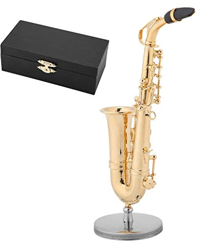 Fyearfly Vergoldetes Miniatur Altsaxophon,Miniatur Saxophon Replik mit Ständer und Gehäuse,Instrument Modell Ornamente Erstklassiges Geschenks für Haus Dekoration