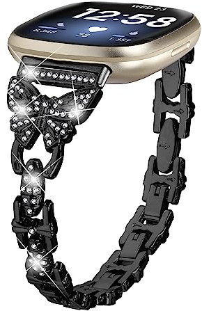 MVRYCE Compatible with Sense 2 Uhrenarmband für Damen, Stahl-Strasssteine, verstellbares Fitnessarmband mit Faltschließe, kompatibel mit Versa 3/Sense/Versa 4/Sense 2 (Schwarz)