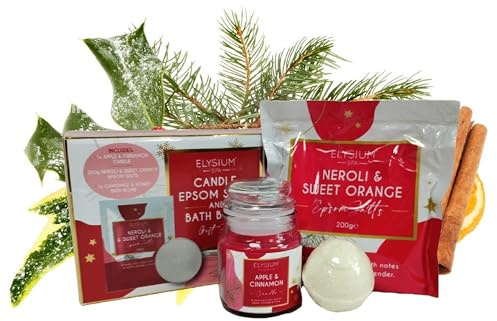 151 Elysium Spa Christmas Candle Bath Bomb & Epsom Salts Gift Set Spa Bath & Body Pamper Set, Red