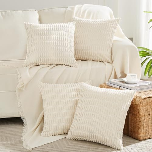FDTERN 4er Set Boho Kissenbezug 40x40 Creme Flauschig Kissenbezüge Weich Kordsamt Beige Kissenhülle Dekokissenbezug Sofakissen Dekokissen Deko für Sofa Schlafzimmer Wohnzimmer