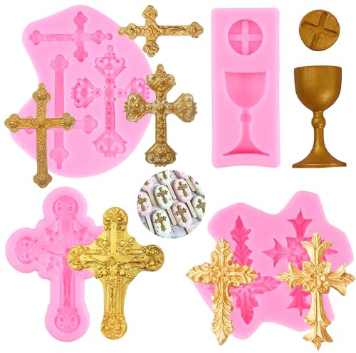 RFGHAC Kreuz Silikonformen Taufe Kuchen Dekorationen Kreuz Kuchenform Kreuzform Kommunion Cup Fondant Formen für Taufe Kuchen Dekorieren Cupcake Süßigkeiten Schokolade Gummipaste Polymer Clay 4 Stück