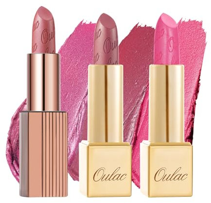 Oulac Pink Metallic Shine Lipstick Set - Lip Set for Women, Rose Lip Color Kit, Creamy Formula, Full Coverage, Hydrating & Smooth, Infused with Shea Butter, Vegan, Clean Beauty B602(602+D01+D17)