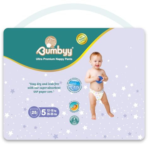 Baby Nappies Pull Ups Size 5 Bumbyy 25 Pack – Ultra-Absorbent Leak-Proof Nappy Pants for Sensitive Skin, Hypoallergenic & Dermatologically Tested with Soft Breathable 12hr Dry Protection