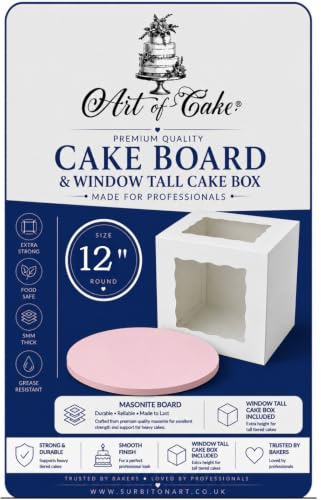 Art of cake® Masonite Cake Board (5mm Thick) & 2 Sided Window Tall Cake Box (Baby Pink Matt, 12)