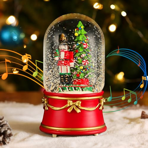 Lewondr Weihnachts-Schneekugel mit Musik und Licht, Nussknacker Zwerge Elektrische Schneekugel mit Wirbelnden Schneeflocken & 8 Lieder, Batterie & USB Betriebene Weihnachts-Wasserkugel