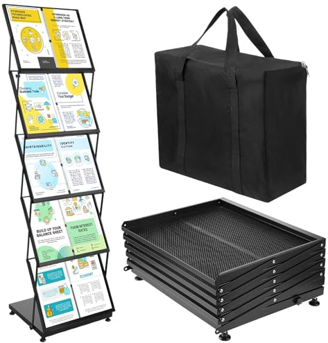 AmazingSpark Brochure Display Stand 5-Tier Foldable Magazine Rack Portable Double A4 Size Literature Brochure Holder Magazine Rack Metal 10 Pockets with Carrying Bag for Trade Show Exhibition Office