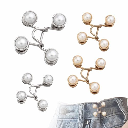 4 Pairs Waist Tightener Clips Pearl Waist Cincher Clip, Removable trouser waist tightener No Sew Fit for Loose Jeans Trousers Dresses Easy Waistband Tightener