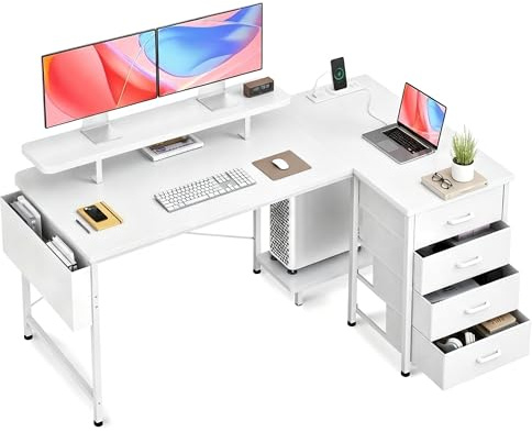 Claiks Bureau d'angle avec 4 Tiroirs,140x80x75 cm Bureau en L avec Prises de Courant et Ports de Charge USB, Table avec Support d'écran und Poche de rangement latérale pour Dans un Grand Bureau, Blanc