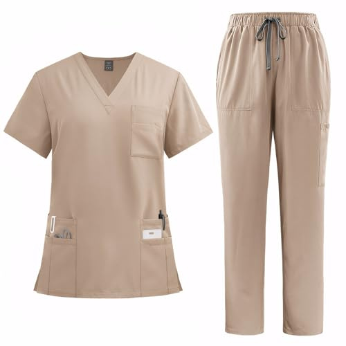 Meichoon Medical Scrubs Set Women's Overalls Suit V Neck Short Sleeve Top with Functional 8 Pockets Stretchy Pants DK77Apricot M