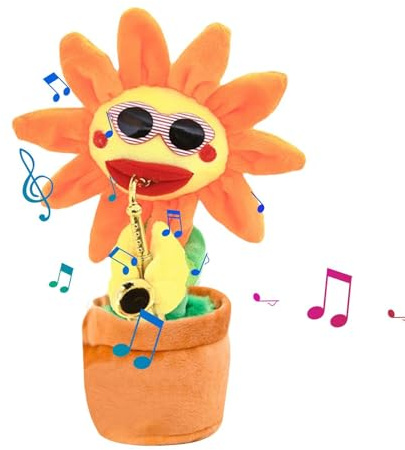 Plüsch Singende Tanzende Sonnenblume - 33cm Sprechende Sonnenblume | Interaktives Spielzeug , Sprechendes Stofftier mit Saxophon, Lustige Musik Bĺume mit 200 Liedern, Leuchtendes Geschenk für Kinder