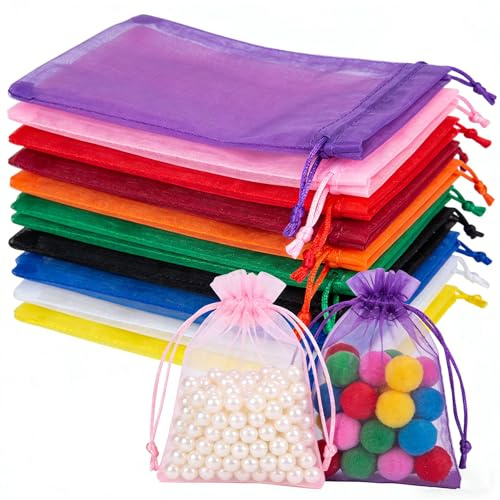 Zcbzbn 100 Stück Säckchen 10x15cm, Bunte Organzasäckchen zum Befüllen, mit Kordelzug für Hochzeit und Festivalparty,Schmuckbeutel Baby Shower Weihnachten Geburtstagsfeier