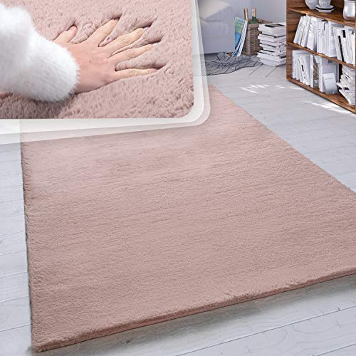 Paco Home Hochflor Teppich Wohnzimmer Schlafzimmer Shaggy Modern Flauschiger Fellteppich Weich Fell Imitat Kunstfell Einfarbig, Grösse:140x200 cm, Farbe:Pink