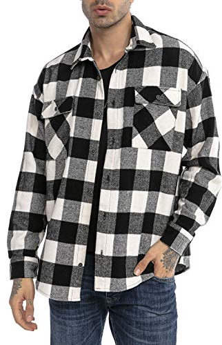 RED BRIDGE Camicia da Uomo Maglia Casual a Quadri Plaid Shirt Vintage Nero-Bianco M