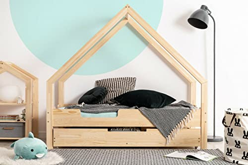 ahoj baby Hausbett mit Schublade für Kinder, Montessori-Hausbett, solides handgefertigtes Bett für Kleinkinder, Kinderbett, Bettrahmen, Cottage-Bett, Kleinkinderbett (80x160) (90x140) (90x180)