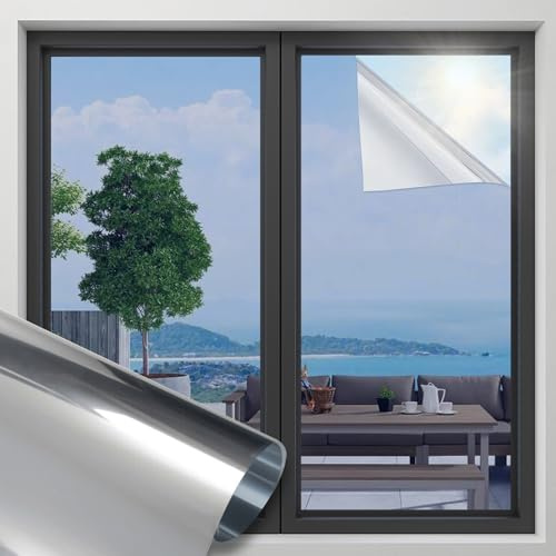 OFHome Spiegelfolie Selbstklebend Fensterfolie Sichtschutz Sonnenschutz Anti-UV Wärmeisolierung Fensterfolien für Zuhause Büro (Silber, 60 x 300 cm)