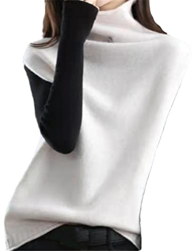 Alloaone Suéter de lana con cuello de tortuga para mujer, chaleco de punto suelto sin mangas para primavera y otoño, blanco, XL