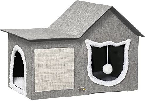 PawHut Niche pour Chats, Maison pour Chats avec Surface à gratter, Niche pour Chats avec Double Porte, Niche Douillette avec Coussin, lit pour Chats avec Balle de Jeu, Polyester, Gris, 65 x 41 x 45,5