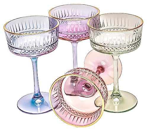 Juego de 4 Copas Cupé de Colores con Borde Dorado Vintage, 260 ml/8,8 oz de Champán, Cóctel, Martini, Copas de Vino, Copa de Ginebra y Prosecco, Vino Cristal, Cristalería de Tallo Largo