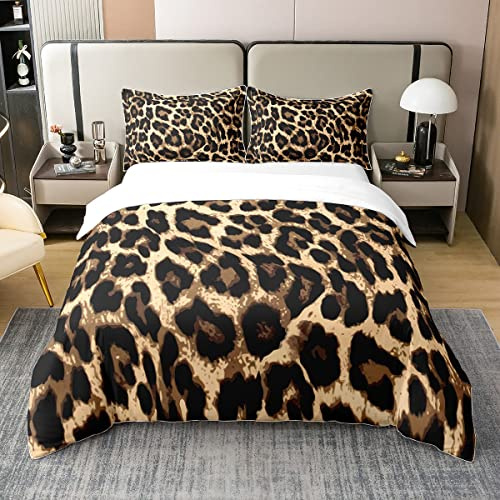 100% Bio Baumwolle Leopard Print Bettbezug 220x240,Schwarz Braune Geparden Bettwäsche Set für Frauen Mann,Afrika Wild Tier Thema Tröster Abdeckung,Safari Haut Textur Bett Sets mit 2 Kissenbezüge