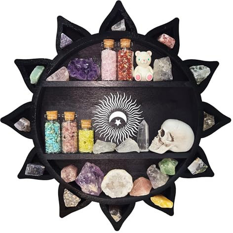 FNYDOX Crystal Shelf Display for Wall, Crystal Display Shelf Chakra Wooden Lotus Flower Crescent Moon Shelf Wall Decor, Decorative Home Floating Shelf Stone Storage Gem Holder Boho Hanging Organizer