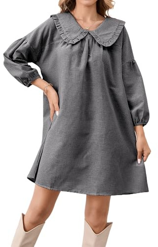 Lenader Damen-Babydoll-Kleid mit Puffärmeln, niedliches Gingham-Kleid, Kurze Kleider, Bubikragen, Kariertes Etuikleid, Kariertes Minikleid, Schwarz, Groß