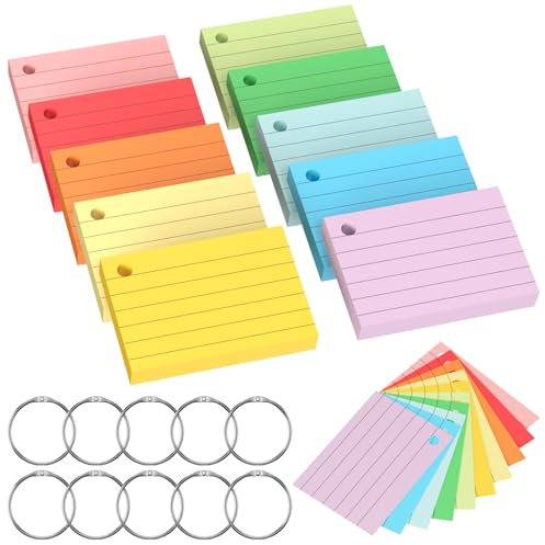 Chiluxendo 1000 Blätter Karteikarten A8, Moderationskarten, Lernkarten Flashcards, Vokabelkarten Bunt, Karteikarte mit 10 Binderingen, für Unterwegs Lernen Notizen Schule Büro Zuhause(10 Farben)