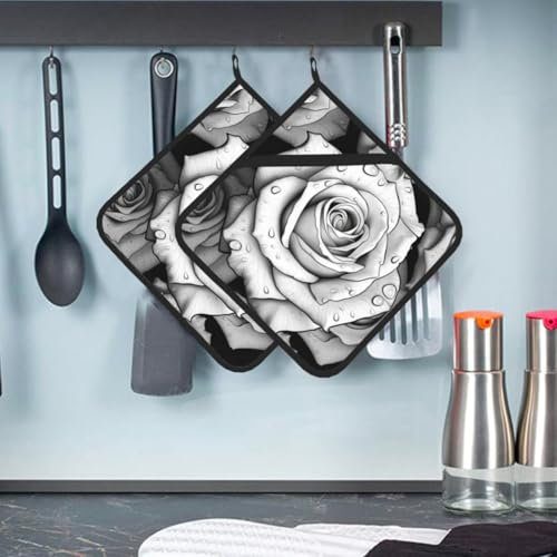 2 Pcs Pot Holders with Pocket Kitchen Pot Holder Set Heat Resistant Potholder Non Slip Oven Mitts Washable Hot Pads Black White Rose Oven Gloves for Baking Cooking Gift 8 x 8 Inch