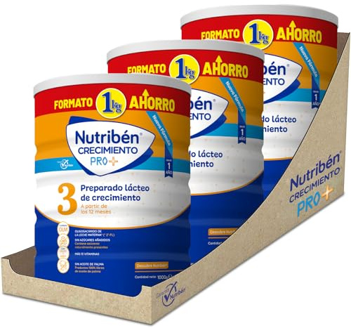 Nutribén Crecimiento Pro+ 3 - Leche en Polvo Bebé | Leche de Fórmula a partir de los 12 Meses | sin Aceite de Palma | con 13 Vitaminas | 3 Botes de 1KG